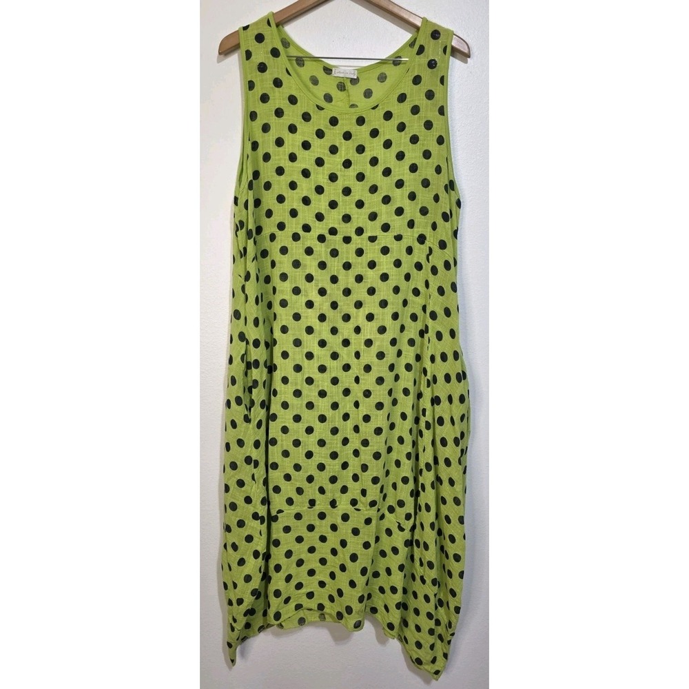 The Lino Lounge Tank Sleeveless Women Oversized Green Polka Dot OS 10-16 Italy